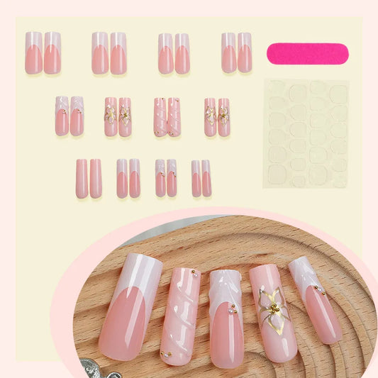 24PCS Nude Pink Long Square Fake Nails with White Wave Gold Floral Pearl Press on Nails Elegant Sweet Bridal Nail Art for Women