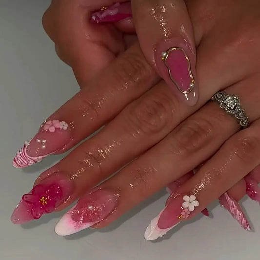 24pcs Gradient Pink Flower Press on Nails Sets French Rhinestone Pearl Design Fake Nails Long Almond False Nail Oval Manicure