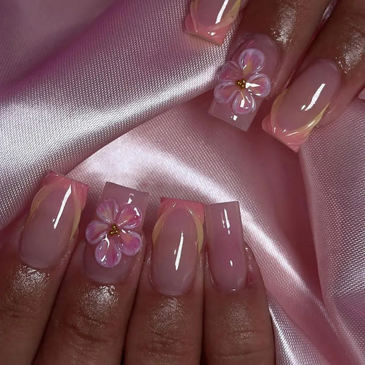 24pcs Gradient French Style Press On Nails Stereo Watter Ripple Carving Flower Decor False Nail Detachable Blush False Pink Nail