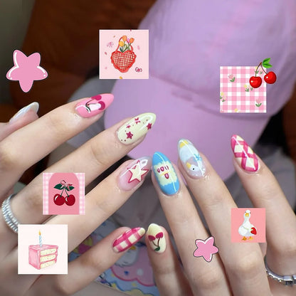 24pcs Colorful Five-pointed Star Press On Nails Red Stripes French Style Y2k Fake Nails Yellow Almond European Fake Nail Tips