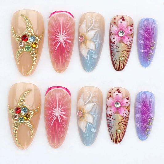 24PCS Almond Press on Nails 3D Flower Colorful Gradient French Fake Nails for Women Golden Stripes Sweet Wearable Nail Manicure