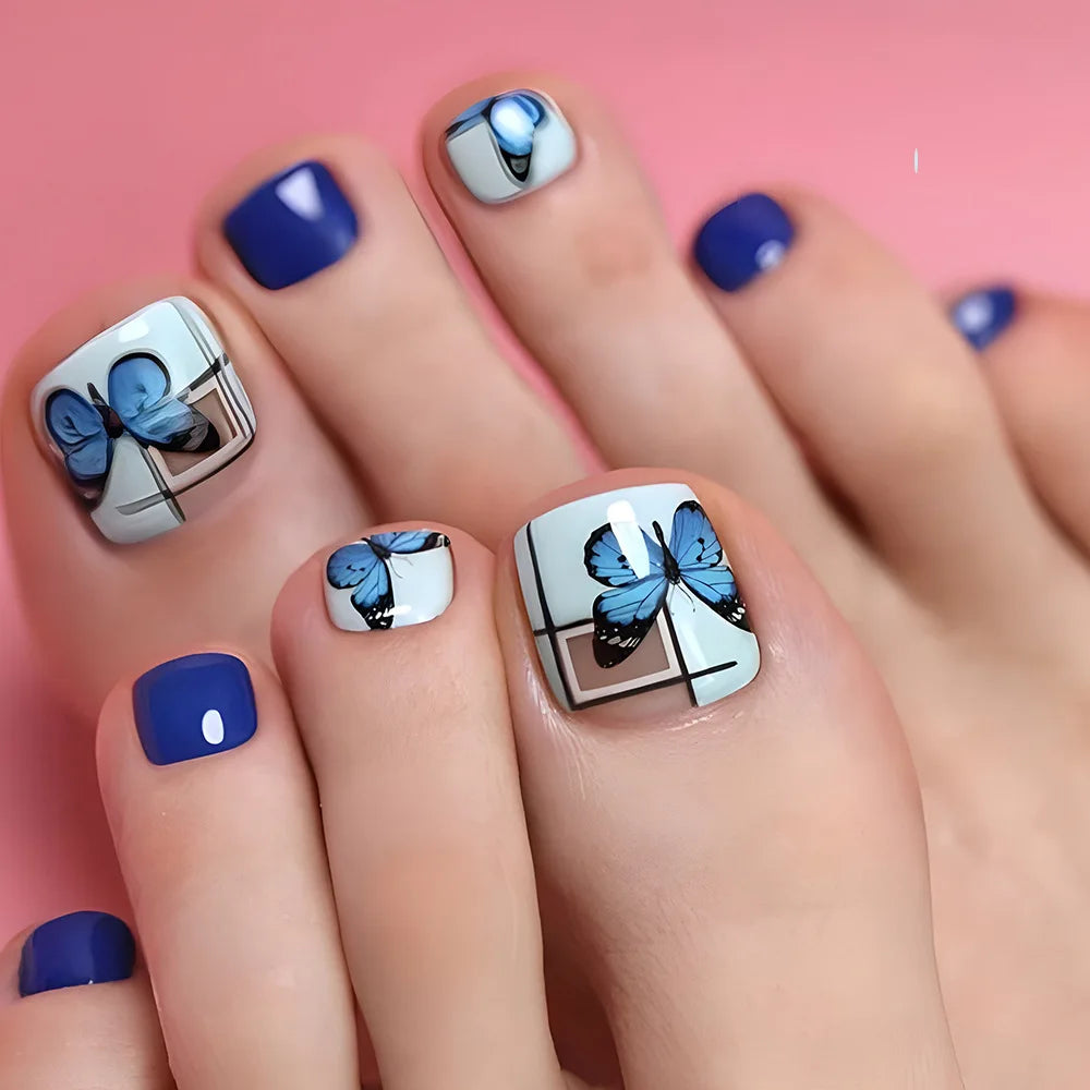 24pcs Shiny White False Toenails with Glitter Powder Design Square Fake Toe Nails Women Wearable Full Cover Press on Toenails