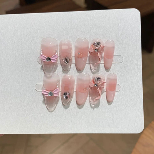 10Pcs 3D Bow French Handmade Fake Nails Heart Rhinestone Blusher False Nails Press on Mid-length Round Detachable Manicure Tips