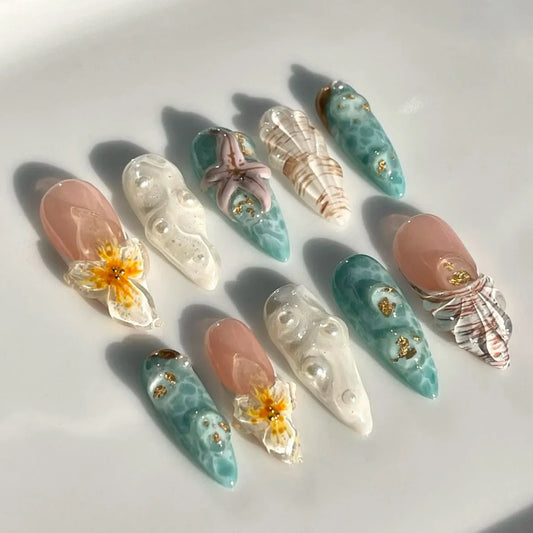 10PCS Beige Press on Nails Stiletto Fake Nails with 3D Starfish Shell Flower Pearl Gold Summer Beach Ocean Nail Art for Women