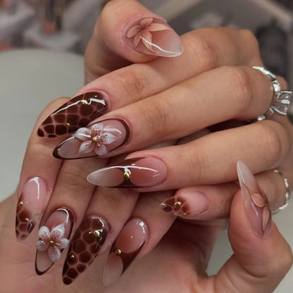 24Pcs Mid-length French Almond Full Cover Nails Tips Cherry Colorful Flower Design Press on Fake Nails Detachable False Nail Art