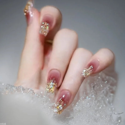 24pcs Aurora Mid-length Ballet False Nail Tips Glitter Blush Nails Sets Press on Simple Shiny Powder Design Coffin Fake Nails