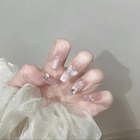 10Pcs Pink Ballerina Handmade Press on Nails with Shiny Butterfly Rhinestone French Silver Cat Eye Full Cover Nail Manicure Tips