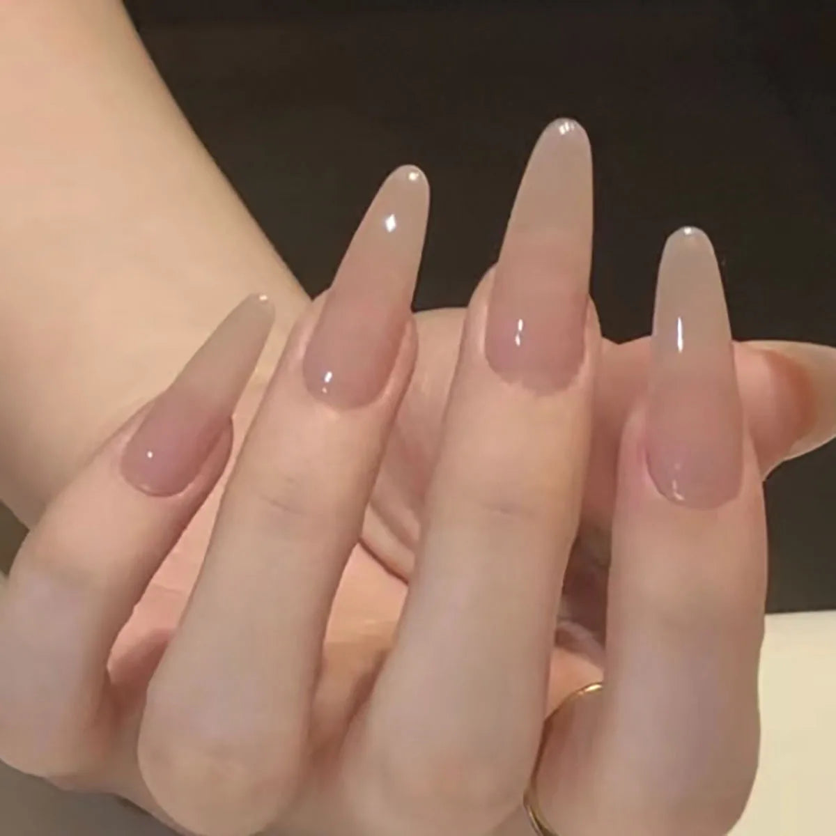 24pcs Aurora Nude Pink Press on Nails Almond Acrylic Simple Fake Nails with Gradient Design Nail Chrome Solid Color False Nails