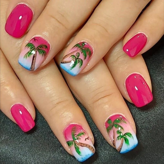 24pcs Green Short Square False Nails Simple Summer Day Coconut Palm Design Full Cover Nail Tips Wearable Press on Fake Nails Set