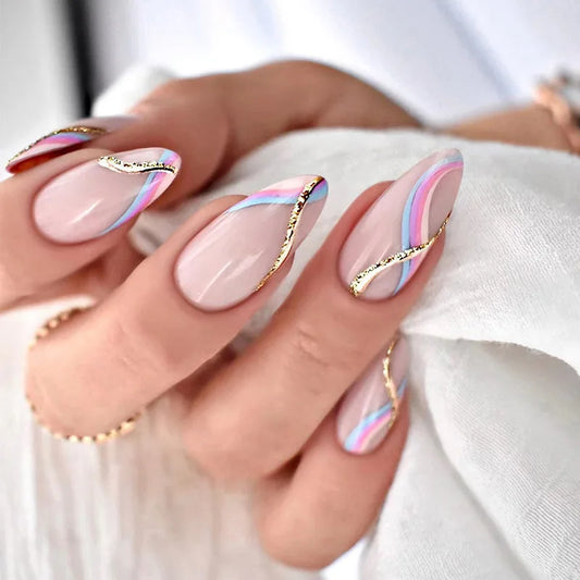 24Pcs Pink Rose Flowers Patttern Designs False Nails Set Spring Acrylic Wearing Nails Stickers Sweet Cool Reusable Manicure Tool