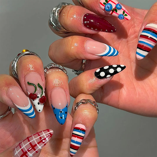 24pcs Cute Cherry Blueberry Press On Nails Polka Dot Stripes French Style False Nails Plaid Designs Glossy Almond Fake Nail Tips