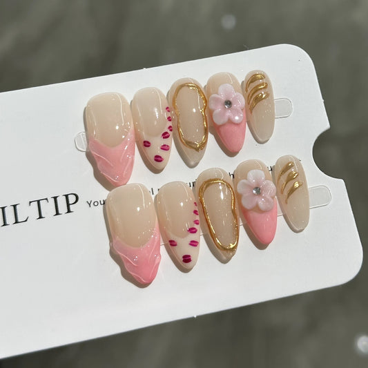 10Pcs Mid-length Almond Handmade Press on Nails with 3D Flowers Designs French Golden Glitter Wearable Fashion Acrylic Manicure