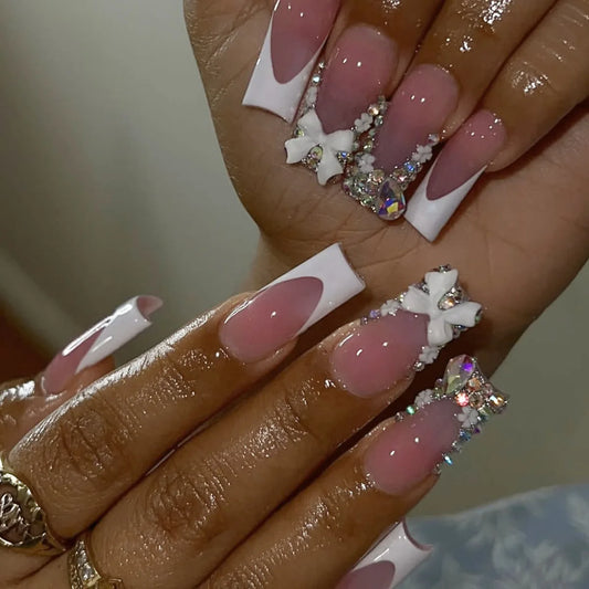 24pcs Long Coffin Fake Nail Art White French Nails Sets Press on Bow Flower Diamond Decor Nails Tips Reusable Ballet False Nail