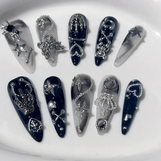 Menhera Spice Girls Handmade Press On Nails Y2K Black White Rendering Long Tip Nail Art Butterfly Star Crown Cool Fake Nails