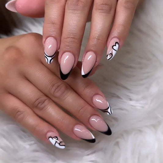 24Pcs Wearable Oval False Nails French Short Almond Pink Sweet Manicure Spring Full Cover Press on Nails Removable Nail Stickers