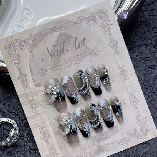 10Pcs Dark Sweet Cool Handmade Fake Nails 3D Butterfly Florals Wearable Nails Stickers Mid-length Ballet Acrylic Nails for Women