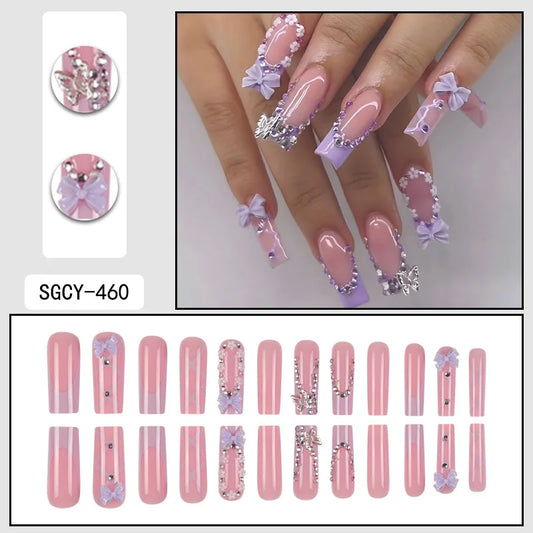 24pcs Long Coffin Ballet False Nails Purple French Style Cute Bowknots Butterfly Rhinestone Press On Nails Wearable Fake Nail