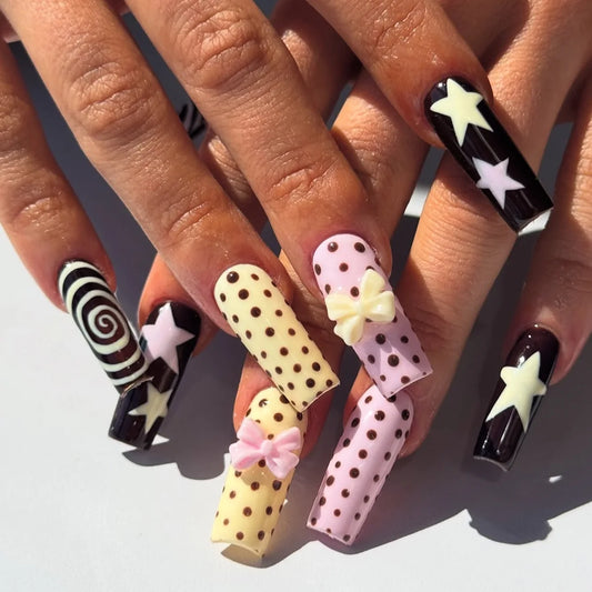 24pcs Wave Point Long Coffin Fake Nail Macaron Bowknot Five-pointed Star Y2k Press On Nails Spiral Pattern Sweet Cool False Nail
