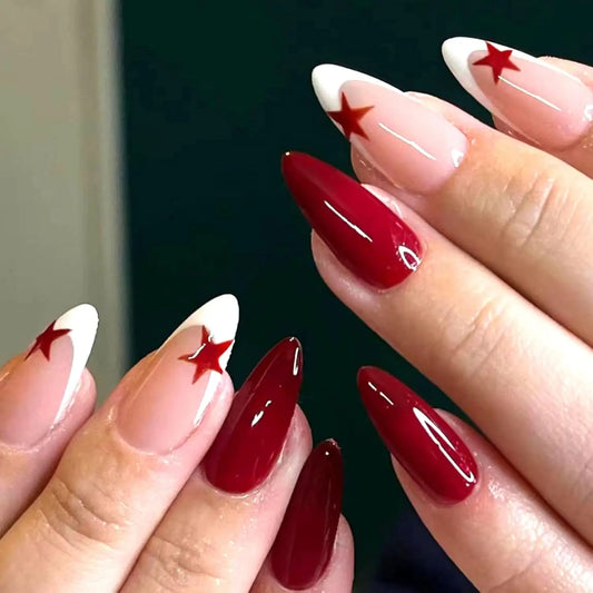 24Pcs White French Tips Medium Almond Press on Nails with Red Five-pointed Star Design, Glossy False Nails