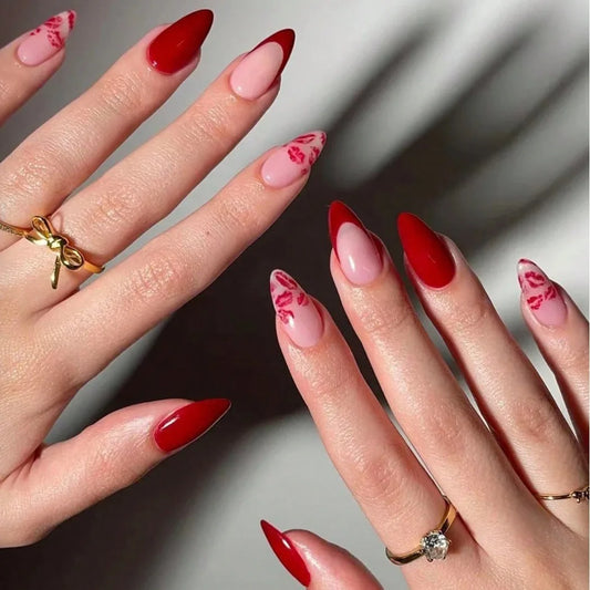 24pcs Fashion Simple Press on Fake Nails Sets Flower Leaves Pattern Full Cover Nail Tips Short Almond False Nail Fake Nails Art