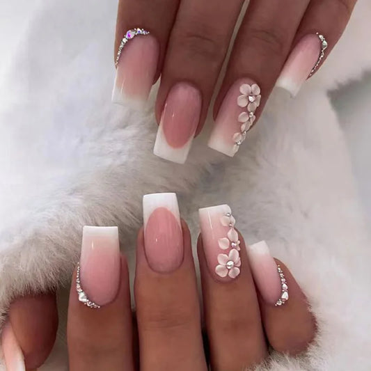 24pcs Finished Simple Fake Nails Press on French Pink Square Nails Rhinestone Flower Design False Nail Sets Mid-length Manicure