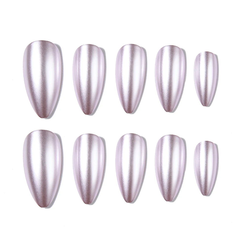 24pcs/Set Y2K Style Pink Magic Metal Chrome Shiny Medium Almond Press On Nails Holographic Nail Dust Ice Neon Mermaid Mirror Gli