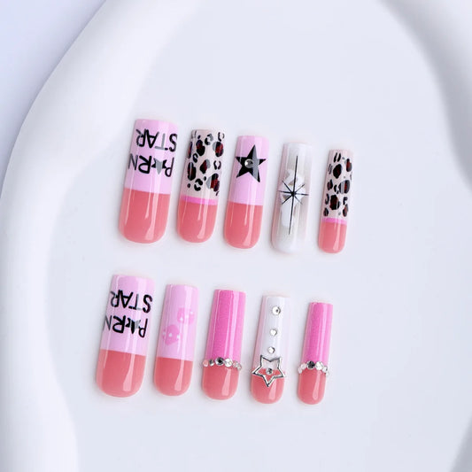 24PCS Y2K Punk Style  False Nails Square Pink Leopard Print Star Rhinestone Press on Nails Reusable for Women Streetwear Nails
