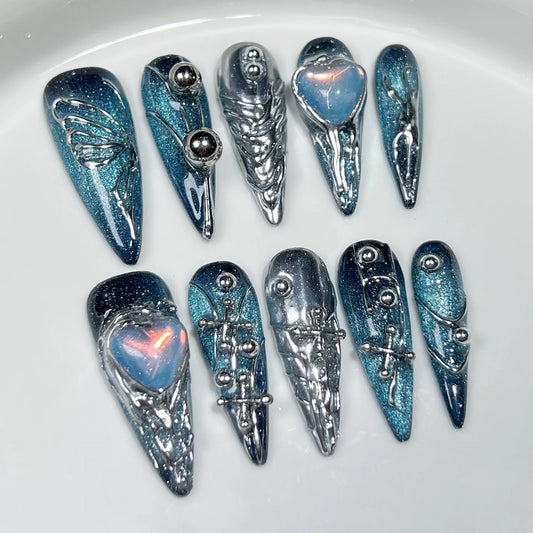 10Pcs Blue Long Handmade Cool 3D Love Press on Fake Nails with Metallic Stripe Butterfly Design Stiletto Nails Wearable Manicure
