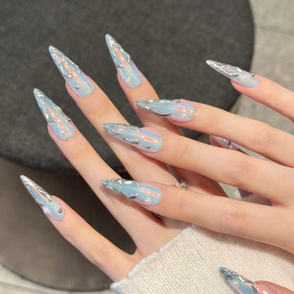 10pcs Silver Aurora Long Stiletto Fake Nails Metal Edge Design Punk Style Handmade Press On Nails Spicy Girl Wearable False Nail