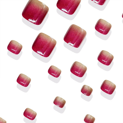 24pcs Gradient Rose Red Cat's Eye Fake Toenails Ice Transparent French Style Fake Toe Nails Summer Wearable Press On Nails