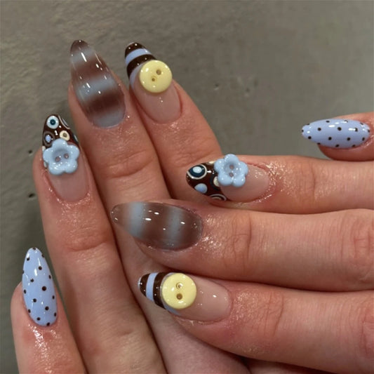 Cute Striped Polka Dot Blue Summer Pure Color Nail Art Chic Short Round Fake Nail Detachable Finished False Nails Press on Nails