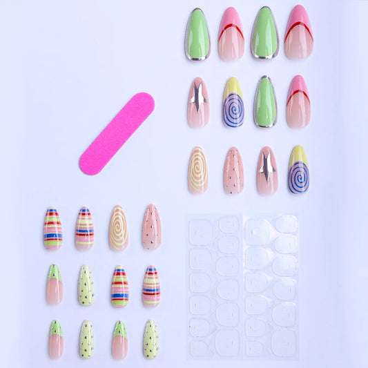 24pcs Almond Shaped False Nails Dopamine Wearing Summer Starry Polka Dot Printed Y2k Fake Nails INS Fashion Press on Nails