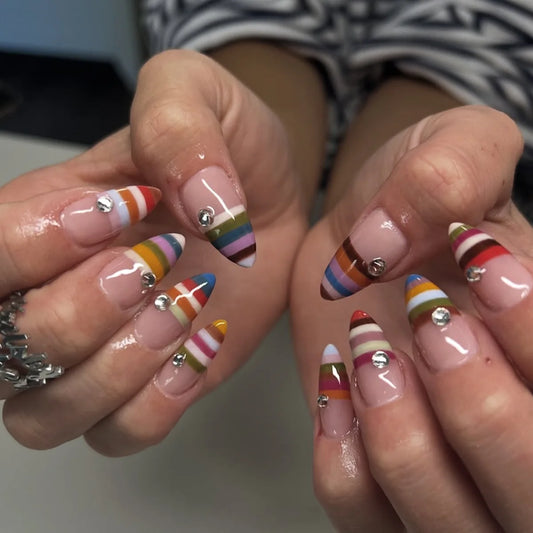 24pcs INS Colorful Strip Printed Press on Nails Sweet Cool Almond Fake Nails for Women Girls Manicure DIY Wearable False Nails