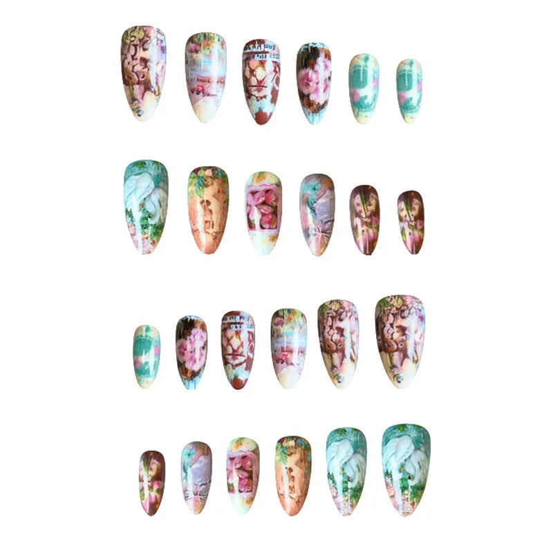 24pcs Field Journal Series False Nails Cute Rabbie Swan Flower Designs Fake Nails European Style Oil Painting Press On Nail