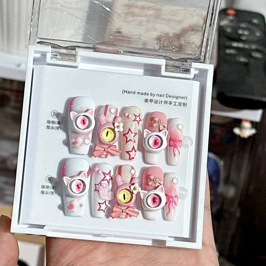 10Pcs Handmade Press On Nails with Eye Little Monster Design Wearable Manicure False Nails Decoration Full Cover Nail Tips Art