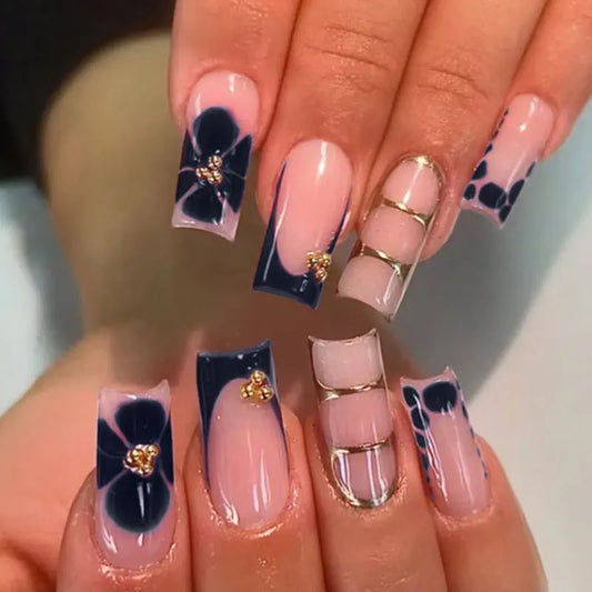 24Pcs Retro Flower Long Coffin French Fake Nails Caviar Bead Floral Gold Hollow Design Press On Nail Tips Y2k Acrylic False Nail