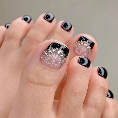 Simple White French Artificial Toenails Shiny Rhinestones Toe False Nails with Glue Wearable Short Flat Shape Fake Toenails