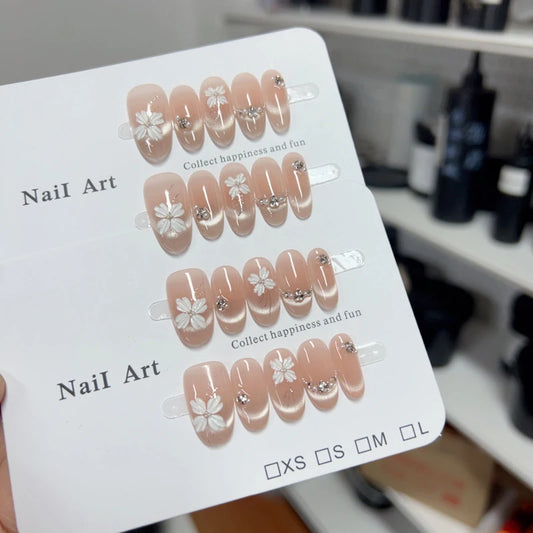 10pcs high-end Simple cat-eye blush flowers paired with small diamonds handmade fake nails, High-end and elegant style, perfect