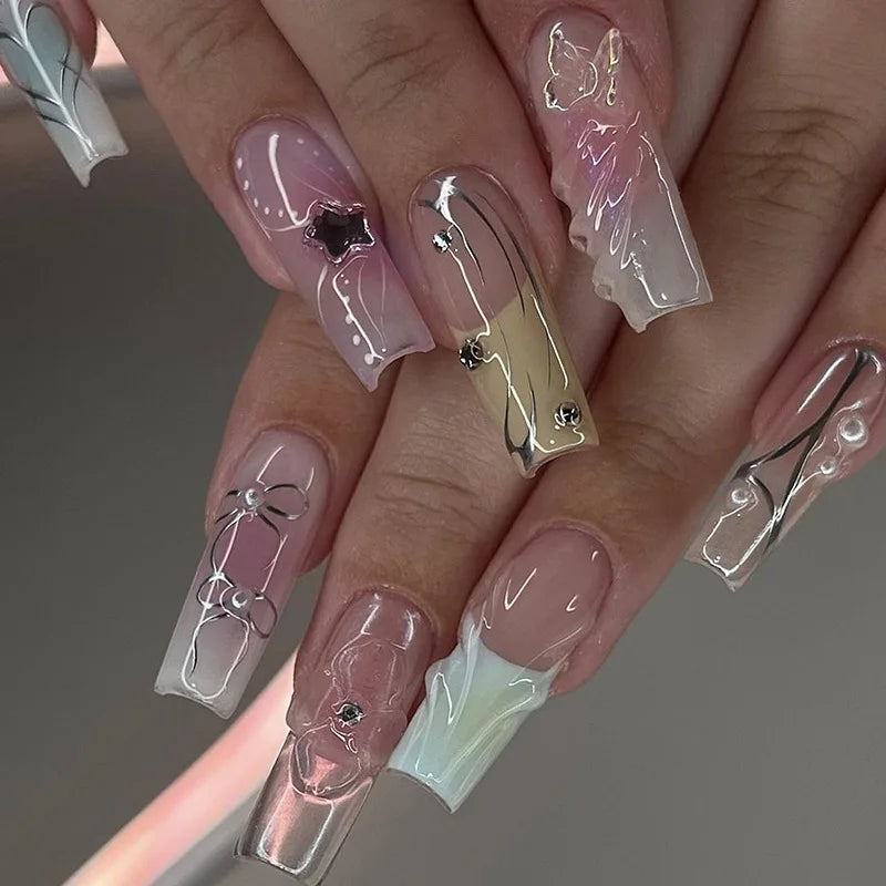 24Pcs Long Square Head French Fake Nail Tips 3D Love Heart Design Press on Nails with Rhinestone Pattern Wearable False Nail Art