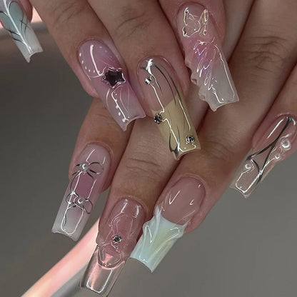 24Pcs Long Square Head French Fake Nail Tips 3D Love Heart Design Press on Nails with Rhinestone Pattern Wearable False Nail Art