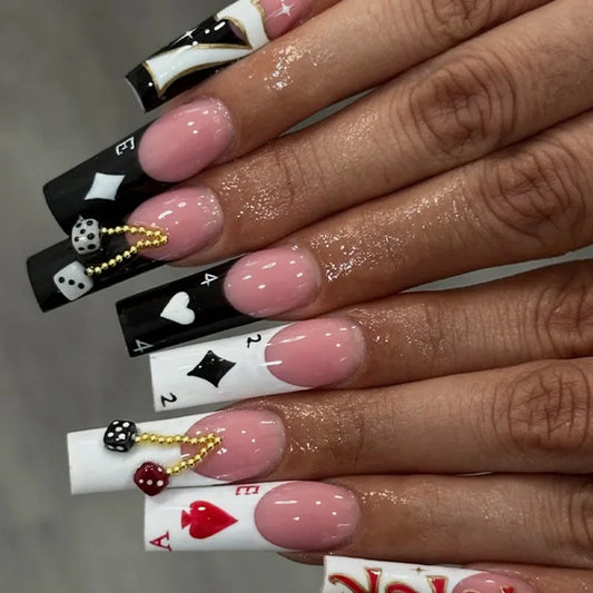24pcs Long Coffin French Fake Nails European Poker Elements Printed Design Press on Nails Long Ballet False Nail Patches