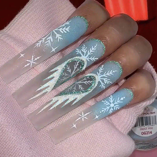 24pcs European Long Ballet Press on Nails Winter Christmas Snowflake False Nails Wearable Detachable Gradient Blue Fake Nails