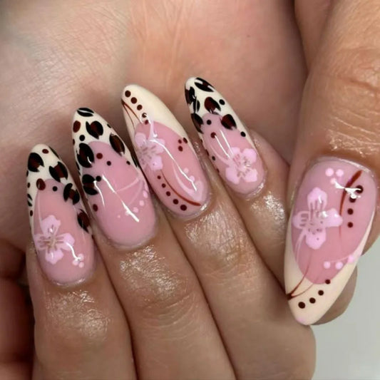 24pcs Fake Nails French Leopard Print Press on Nails Flower Long Almond Stick on False Nail Wearable Simple Nude Pink Manicure