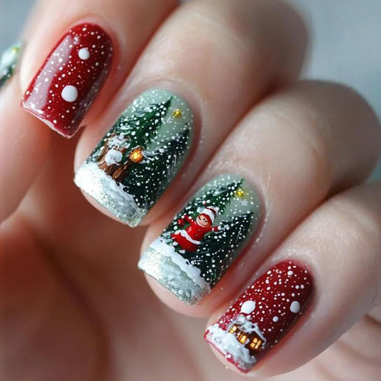 24pcs Finished False Nails Art Christmas Snowflake Design Short Square Full Cover Nail Tips Red Ballet Press on Fake Nails Sets