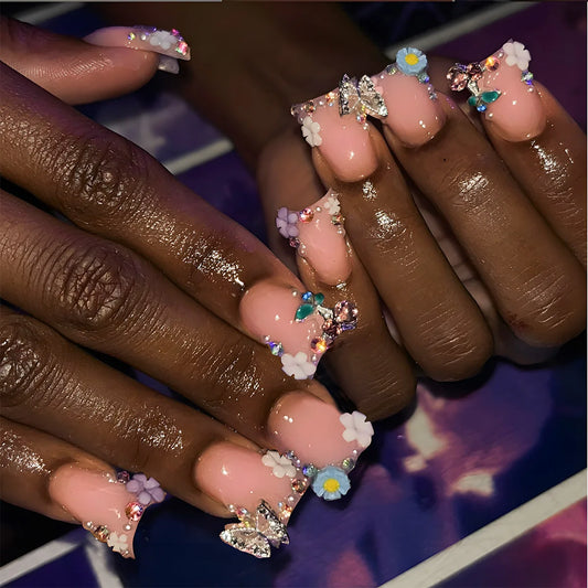 10pcs Cute Short Duckbill Fake Nails Flash Rhinestone Flower Butterfly Designs Press On Nails Light Pink Full Cover False Nail