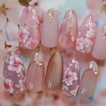 24Pcs Light Blue Smudge Fake Nails Press on Almond Gold Leaf Removable Long Full Cover Nail Tips Wearable Finished Nail Art