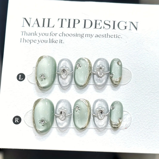 10pcs high-end Short light luxury cat eye handmade fake nails, Short Cat Eye Light Luxury White nail patch