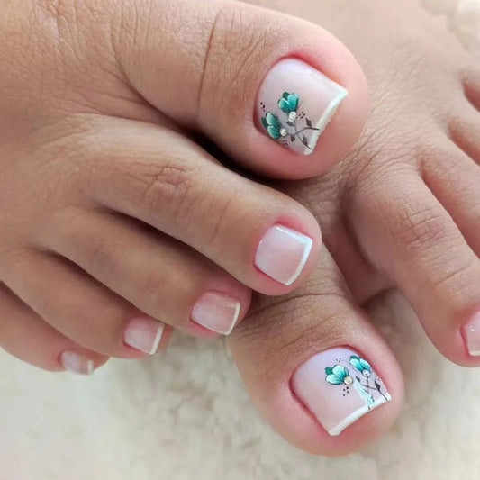 24pcs Glitter False Toenails Sweet Pink Artificial Nails for Feet DIY French Style White Edge False Toenails Detachable Wearable