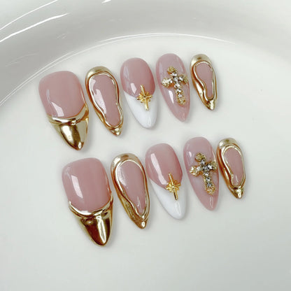 10Pcs Mid-length Almond Simple Summer Fake Nails Pink French Press on Nails Metal Spice Girls Wearable Sweet Cool Fashion Nails