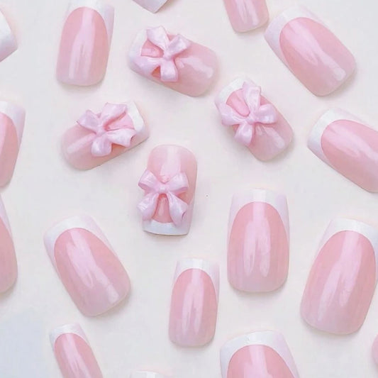 24 PCS - French White Square Fake Nails, Pink Three-Dimensional Butterfly Decoration, Delicate and Elegant, Simple and Generous